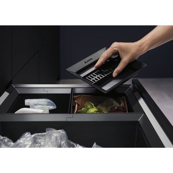 Blanco Abfallsammler Küche 3 Fächer 1×30 und 2x 8 Liter – Einbaumülleimer Unterschrank KB 600mm, Alu/Kunststoff anthrazit