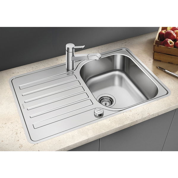 Blanco Einbauspüle Tipo 45 S-IF Compact – Spüle mit Abtropffläche – Waschbecken reversibel mit Ablaufgarnitur und Drehknopf, Edelstahl