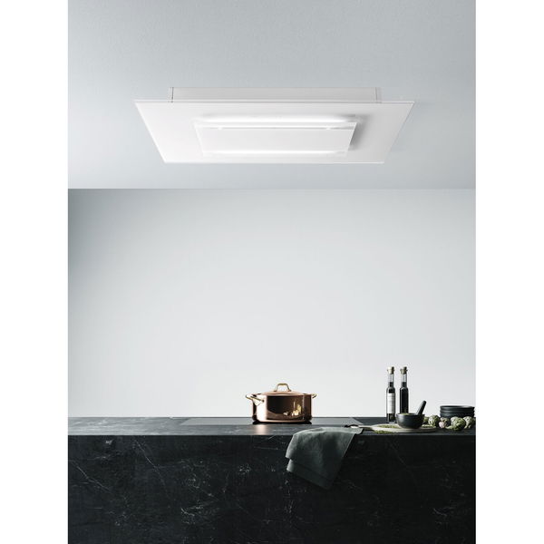 Falmec Decken-Dunstabzugshaube Aura 120 Weiß Glas 1200mm mit Randabsaugung und 5 Jahre Garantie – Touchbedienung, LED-Beleuchtung, Carbon.Zeo-Filter, Fernbedienung