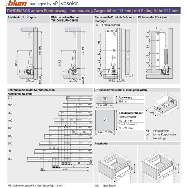 vasalat BLUM Tandembox Set Modell K mit Reling D KB 600-1400mm – weiß