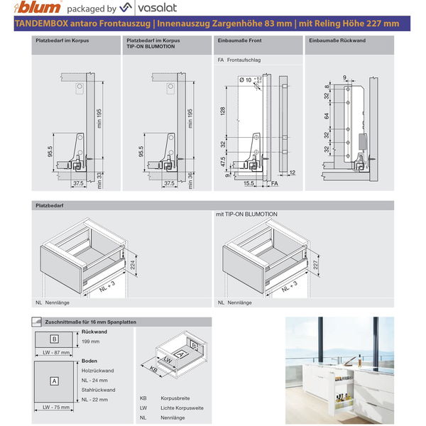 vasalat BLUM Tandembox Set Modell M mit Reling D KB 600-1400mm – weiß