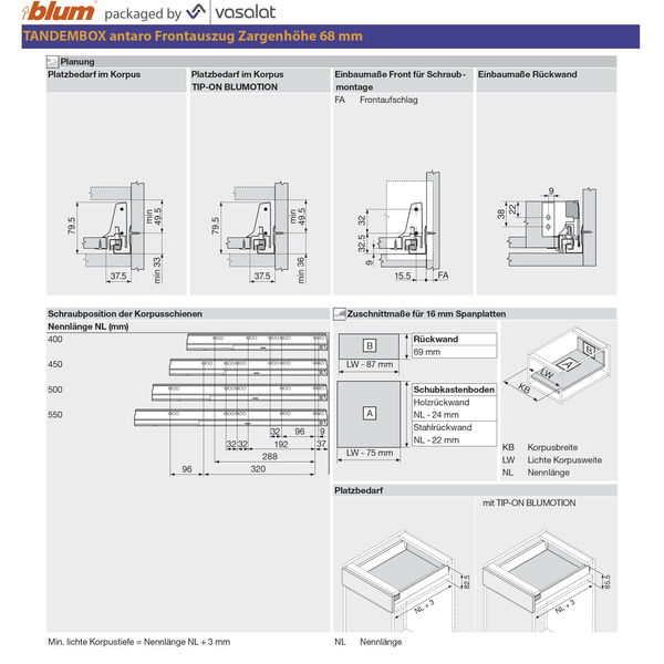 vasalat BLUM Tandembox Set Modell N KB bis 600mm – weiß