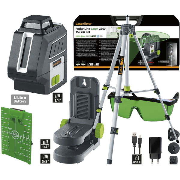 Laserliner Kreuzlinienlaser mit Stativ Linienlaser grün – PockelLine G360 Set 3,7V Li-Ion