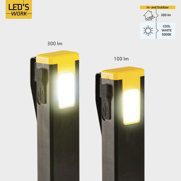 Leds Work Akku Handlampe LED 300 Lumen – 5000 K, USB-C, Magnet-Clip, 3 Lichtmodi