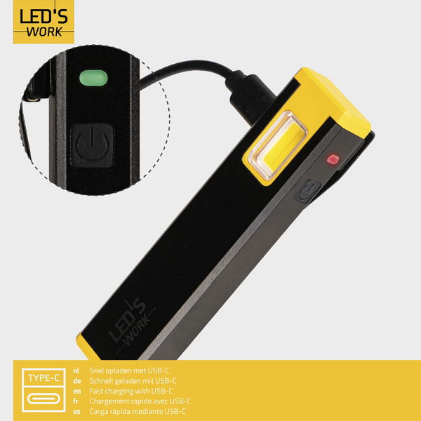 Leds Work Akku Handlampe LED 300 Lumen – 5000 K, USB-C, Magnet-Clip, 3 Lichtmodi