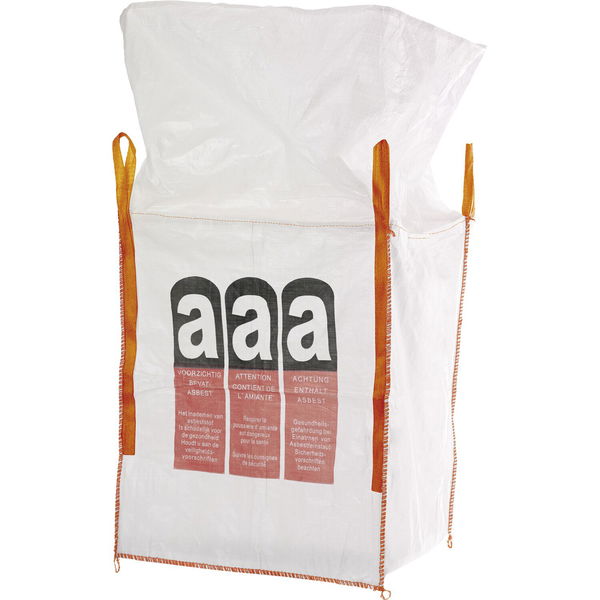 Asbestsack Big Bag Containersack für asbesthaltige Abfälle 1000 kg – Beschichtet – 90x90x110 cm – 4 Hebeschlaufen – Schürzendeckel