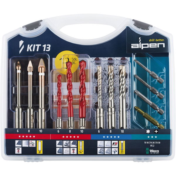 Alpen Bohrer und Bit-Set 9 Bohrer 4 Bits in Werkzeugbox Inhalt 13-teilig