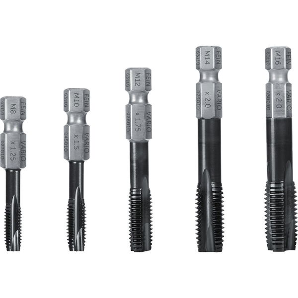 Fein Gewindebohrer-Set Vario 5-teilig M8-M16 HSS 64 HRC – TiAlN beschichtet, schlagschraubertauglich, für Stahl, Aluminium, Messing, hohe Standzeit