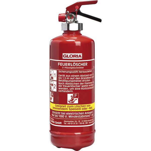 Gloria Fettbrandfeuerlöscher 2 Liter FDA2, Brandklasse A/F, Manometer, ohne PFAS