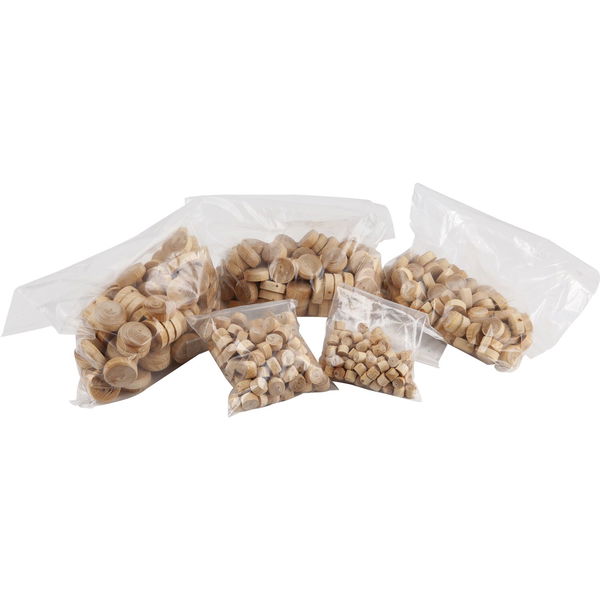 Astdübel, Querholzplättchen Fichte Set, 50* ø10mm, 150* ø15, 150* ø20, 100* ø25, 50* ø30 – Querholzdübel zum Ausbessern aus Gebirgsfichtenäste