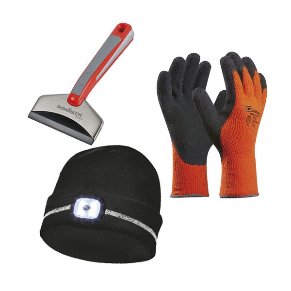 Auto Eisktratzer SET Winterhaube LED Mütze schwarz mit Winter-Handschuhe