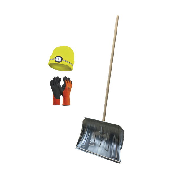 Schneeschaufel mit Led Mütze gelb Winterhaube Schneeschieber Schneeschippe Set