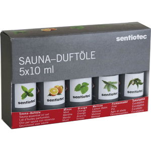 Sentiotec Sauna Duftöl Set – Sauna Aufgussmittel Minze, Orange, Eukalyptus, Fichtennadel und Melisse, 5-teilig