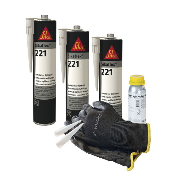 Sikaflex 221 weiß, grau, schwarz mit Aktivator für Aluminium & Stahl Abdichtung