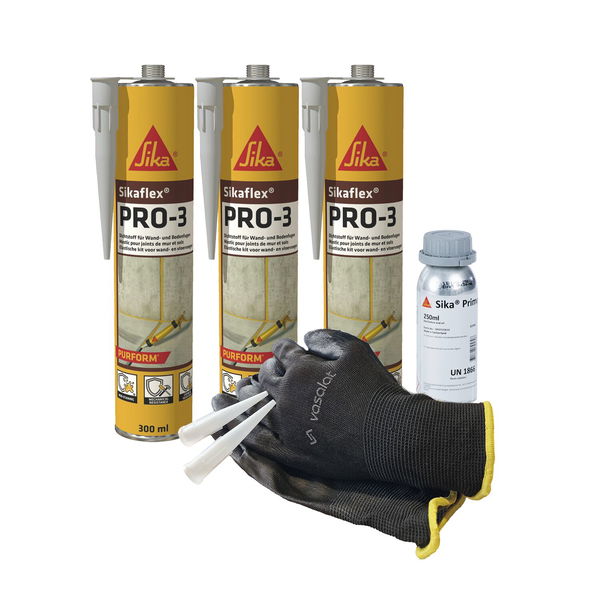 Sikaflex PRO-3 betongrau 3x 300ml Dichtstoff für Fugen – mit Aktivator 205 und Primer 210 zur Abdichtung von Buntmetall mit 5 Düsenspitzen