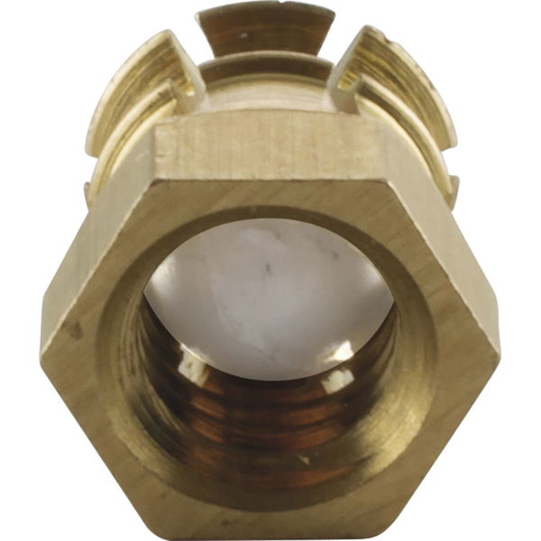 Spreizmuffe sechskant, M6 Länge 9 mm, Bohr ø8 mm, Messing blank mit Nylonkugel