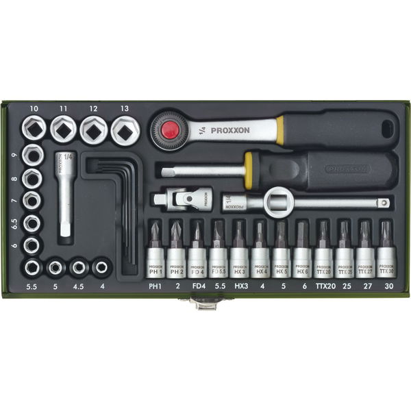 PROXXON Steckschlüssel-Satz 1/4″vierkant mit Umschaltknarre 36-teilig
