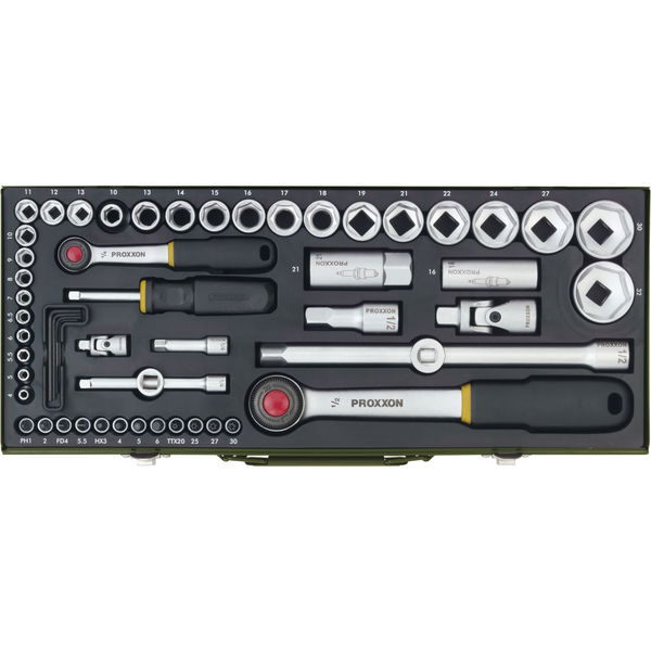 PROXXON Steckschlüssel-Satz 1/4″+1/2″vierkant mit Umschaltknarre 56-teilig