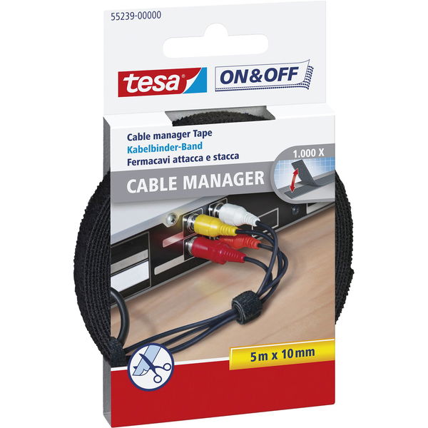 Tesa Klettkabelbinder On & Off – Klettband Kabelbinder wiederverschließbar & zuschneidbar, 5m