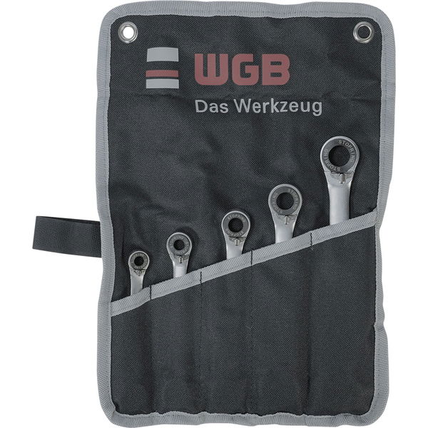 WGB Doppelring-Ratschenschlüsselsatz 295 RT/5 – 5-teilig, gekröpft, verchromt, Stopring, Rolltasche, Chrom-Vanadium Stahl