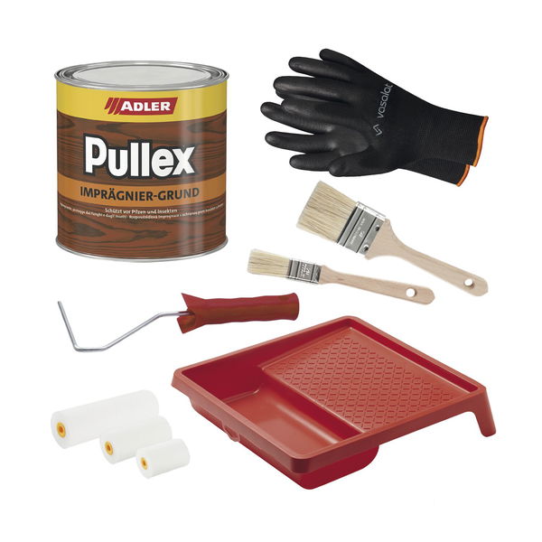 Adler Pullex Imprägniergrund – Grundierung Holz ideal zum Schutz vor Bläue, holzzerstörenden Pilzen und Insekten – mit 2x Pinsel + Lackroller Set mit Farbwanne, farblos 750ml