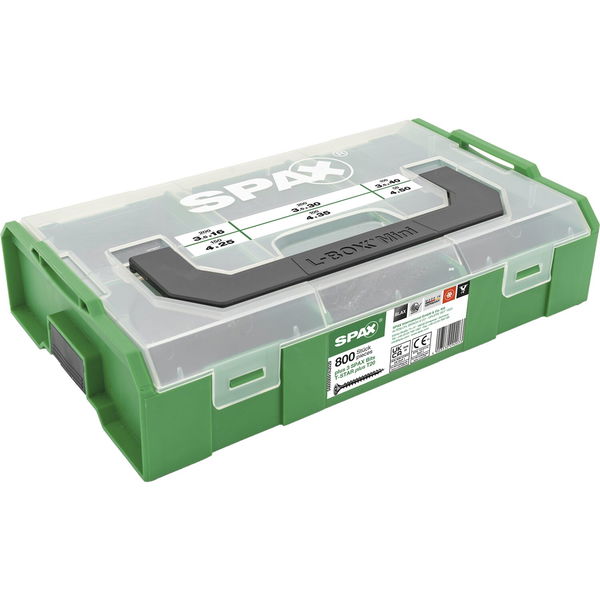 Spax Senkkopfschrauben – schwarze Holzschrauben inklusive 3 Bits TX20 – Set T-Star plus mit Montagekoffer L-Boxx Mini – 800 Stück