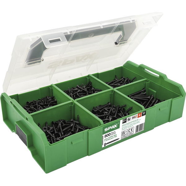 Spax Senkkopfschrauben – schwarze Holzschrauben inklusive 3 Bits TX20 – Set T-Star plus mit Montagekoffer L-Boxx Mini – 800 Stück