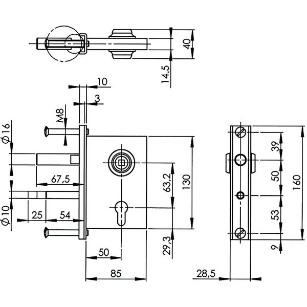 AMF Gittertorschloss 107 PZW, DM 50, U-Stulp, Riegel 10 x 54 mm, Stahl verzinkt