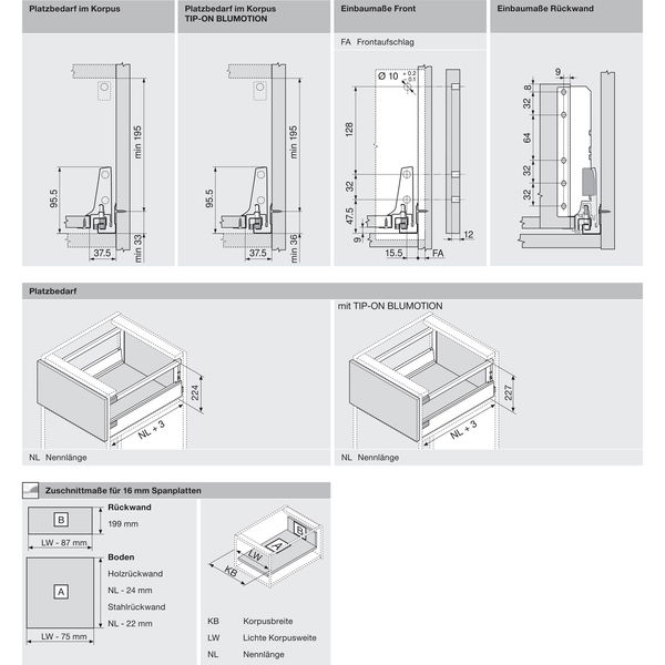 BLUM TANDEMBOX antaro Beschlägegarnitur Zargenhöhe M mit Reling Höhe D – TIP-ON BLUMOTION