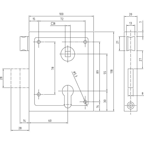 BMH Kastenschloss 91 PZW, DM 60, 100 x 118 mm, universal, Stahl verzinkt