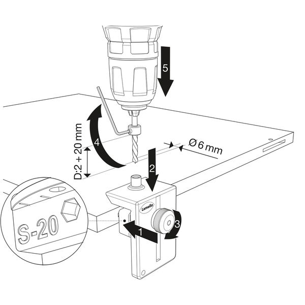 Lamello Clamex S-20 Bohrhilfe – Bohrlehre ø 6mm, Aluminium Stahl schwarz
