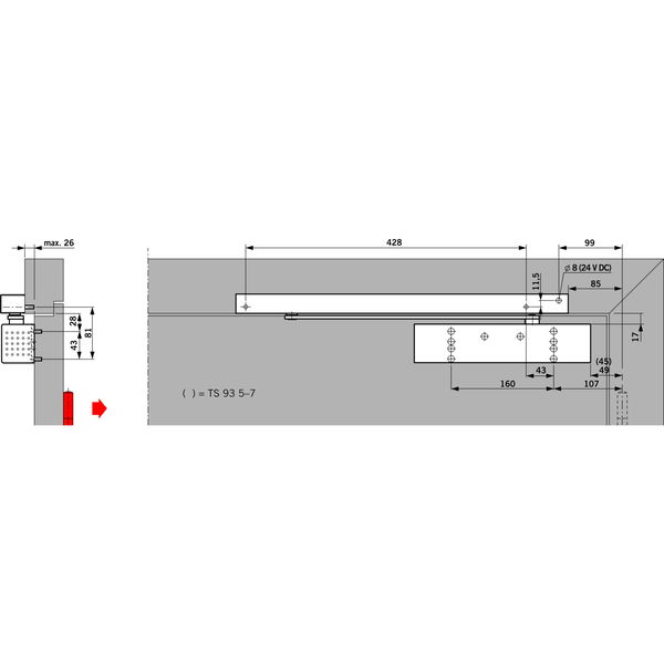 Türschließer TS 93G EMF | Größe EN 2-5 , 1 Flügel | mit Gleitschiene und Feststellung, silber