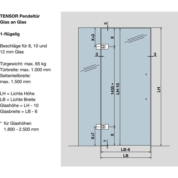 DORMAKABA Pendeltürbeschlag Tensor Glas-Glas, Feststellpunkt 90°