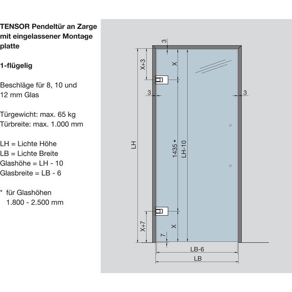 DORMAKABA Pendeltürbeschlag Tensor Glas-Zarge zum Einlassen, Feststellpunkt 90°