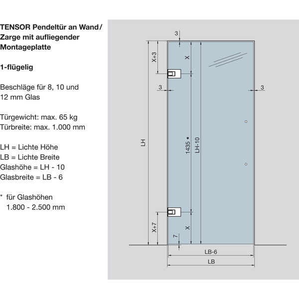 DORMAKABA Pendeltürbeschlag Tensor Glas-Wand, Feststellpunkt 90°