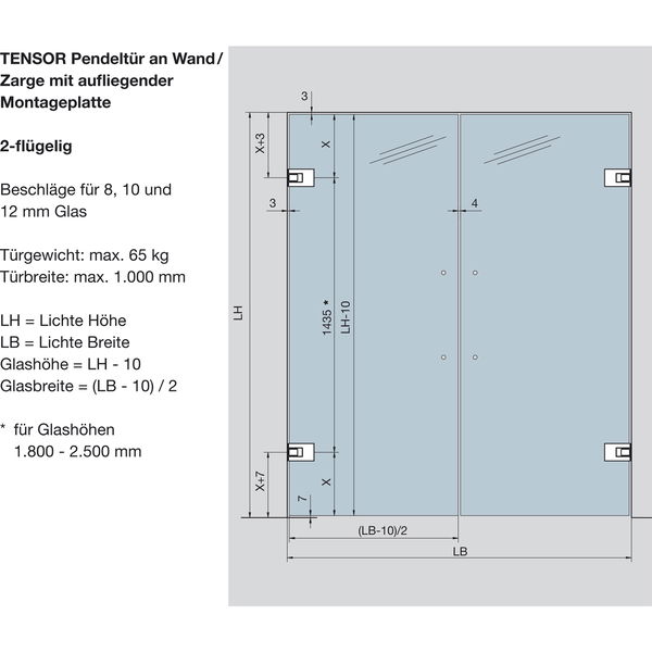 DORMAKABA Pendeltürbeschlag Tensor Glas-Wand, Feststellpunkt 90°