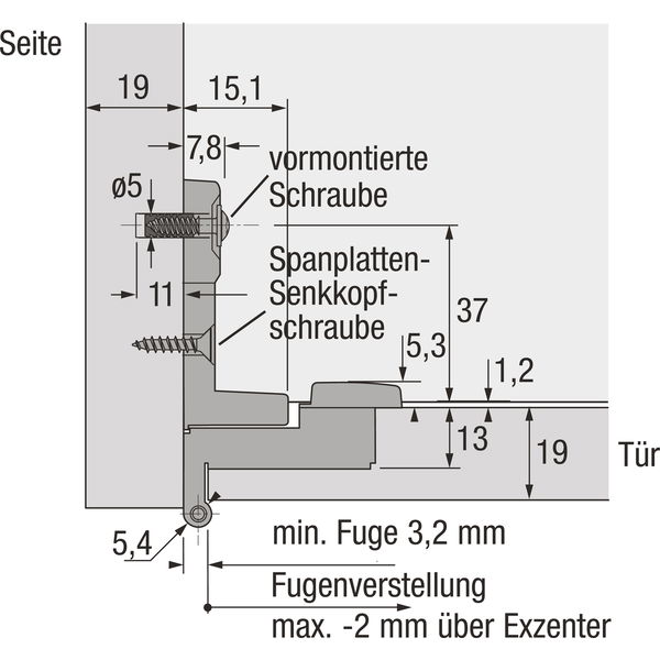 HETTICH Selekta Pro 2000E Seitenteil, Innenanschlag, TA 0mm, TS 19mm mit Zuhalt