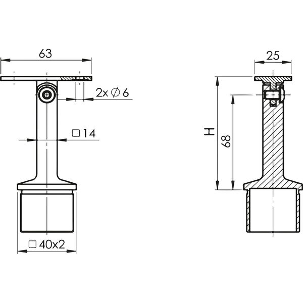 ECONOMY Rohrstütze verstellbar, Rohr  40 x 40 x 2,0 mm,Edelstahl geschliffen V2A