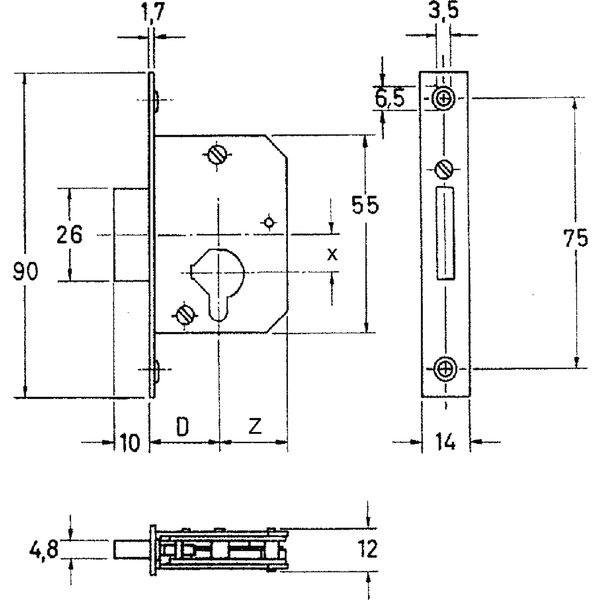 JUNIE 2863 Zylinder-Einsteckschloss, Dornmaß 30 mm, Stahl blank, Stulp Messing