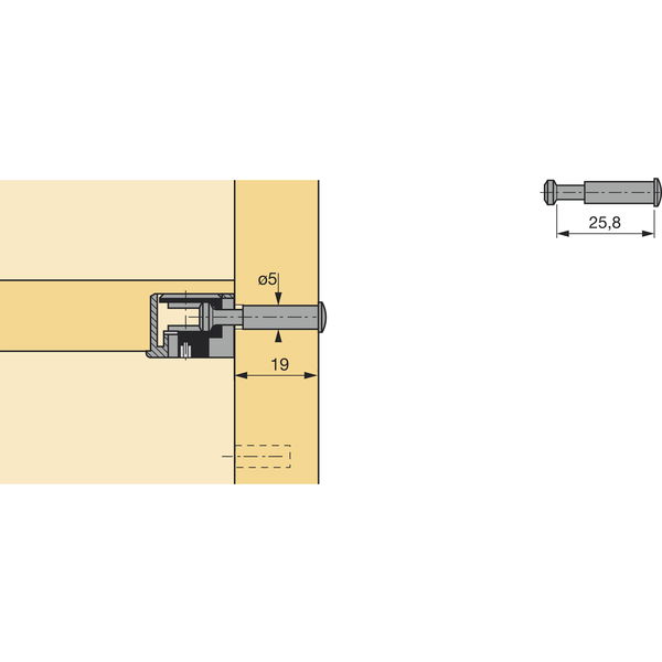 Hettich Möbelverbinder | Enddübel für Seitenwand Bohr ø 5mm | Spannmaß 25.8mm, Stahl verzinkt blank