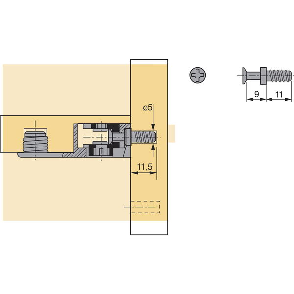 HETTICH VB 18/20/19/21 Einschraubdübel+Direktgewinde, Spannmaß 9, Bohr ø5