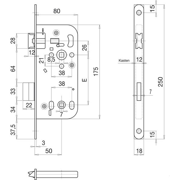 GRUNDMANN Einstemmschloss WG 340RK mit Kurbelfalle WC