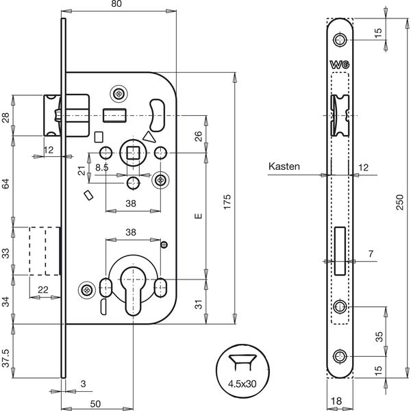 WG Einstemmschloss 321 R, PZW, DM 50, Stahl verzinkt silberfärbig