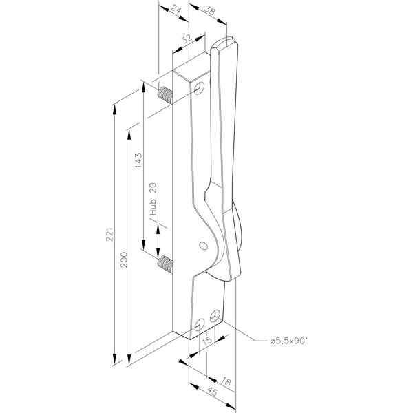 Türtreibriegel aufliegend reibungsfrei, Stange ø 10 mm, Hub 20 mm, silber elox.