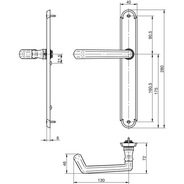 Grundmann Feuerschutz Türdrücker + Langschild ungelocht Alt-Wien für Türstärke 38-72mm DIN 18 273FS, Messing poliert
