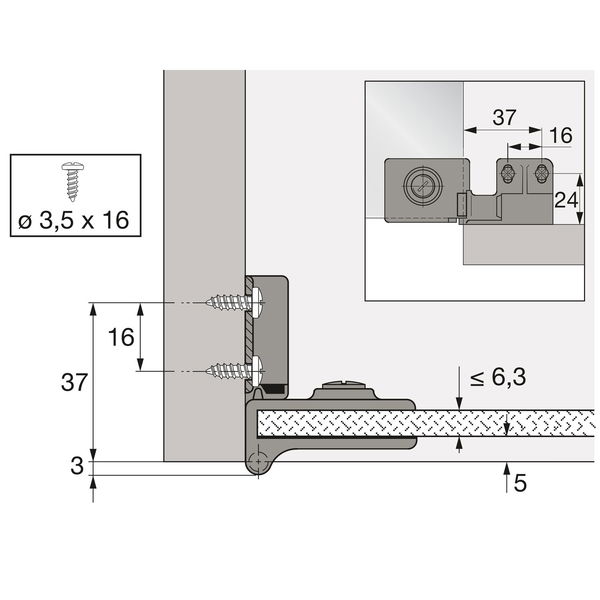 HETTICH Glastürscharnier ET 5150 Set, Glas bis 6,3 mm; 40×30 mm, Zink vern. matt