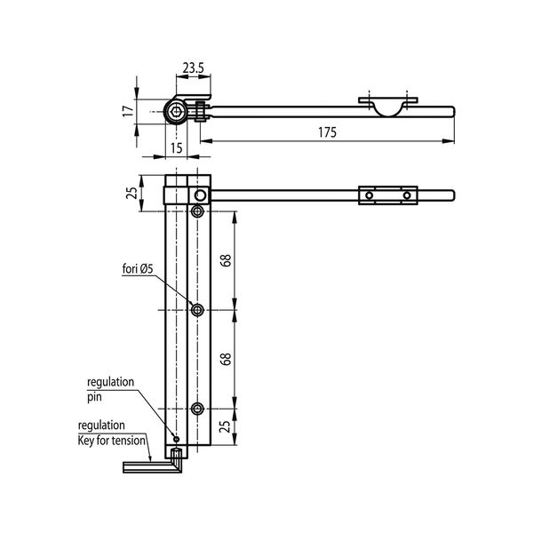 Stangentürschließer, Hebellänge 175 mm, für Türen bis 40 kg, Alu silber eloxiert