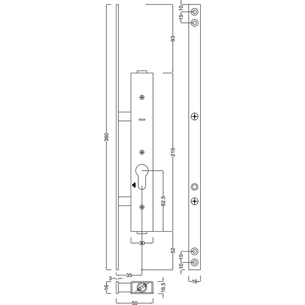 Einbauriegel sperrbar PZ ohne Riegel, DM 35, Stulp 360 x 16 x 3 mm, verzinkt