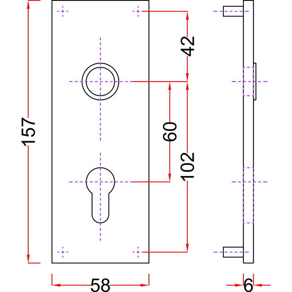 Kipptorschloss-Kurzschild, 58 x 157 mm, PZ 60 mm, silber eloxiert