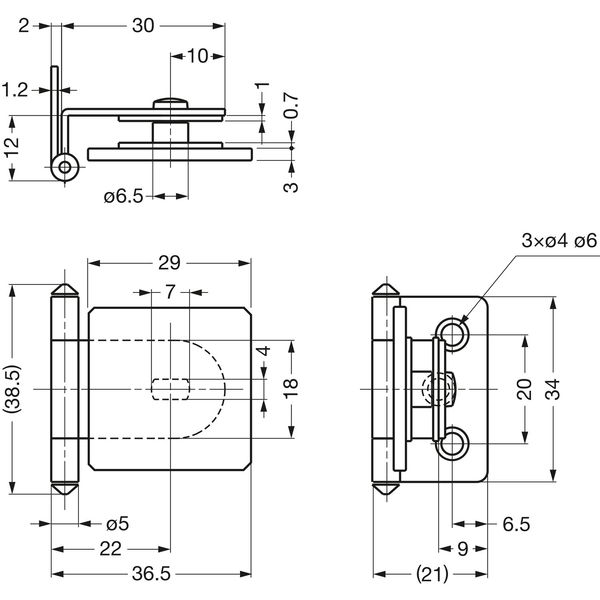 LAMP®Glastürscharnier GH34-0CR-K, Glas 4-6 mm; 36×38 mm, Stahl verchromt eckig